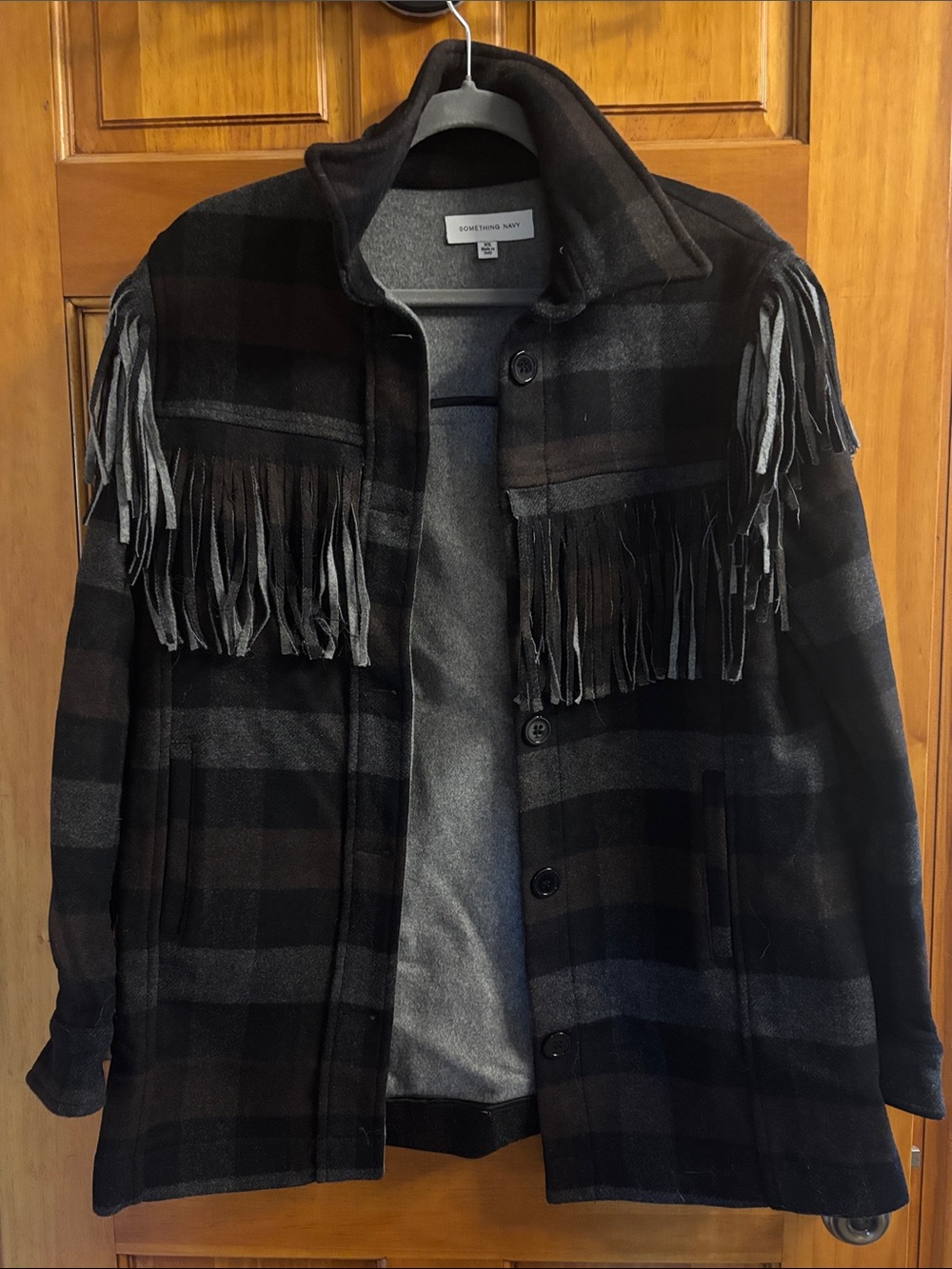 Something Navy Gray and Black Plaid Wool Pea Coat